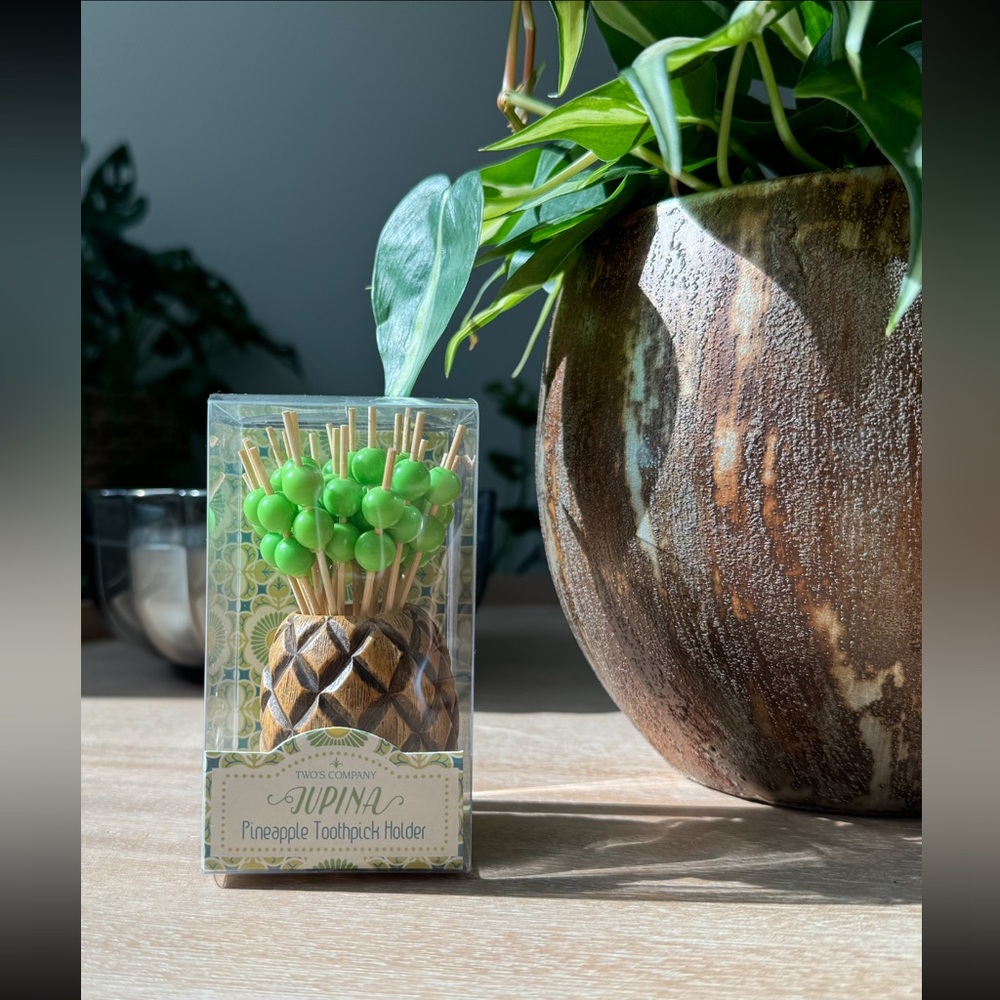 Brand New twos company Jupina pineapple toothpick holder. Includes 25 picks.